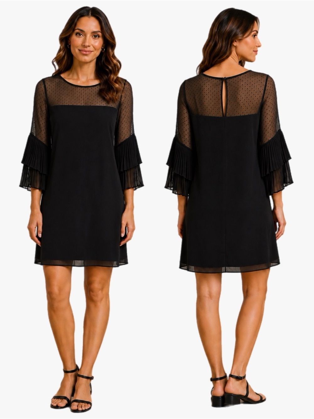 Francesca’s Black Semi Sheer Shift Dress with Pleated Bell Sleeves Women’s XS